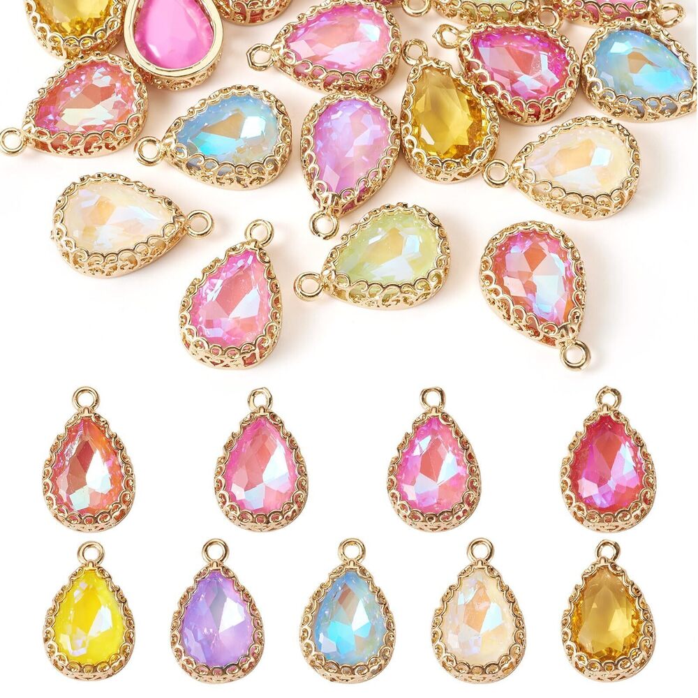 6734 20Pcs-10 Colors Teardrop Glass Charm Pendants with Gold Tone Brass